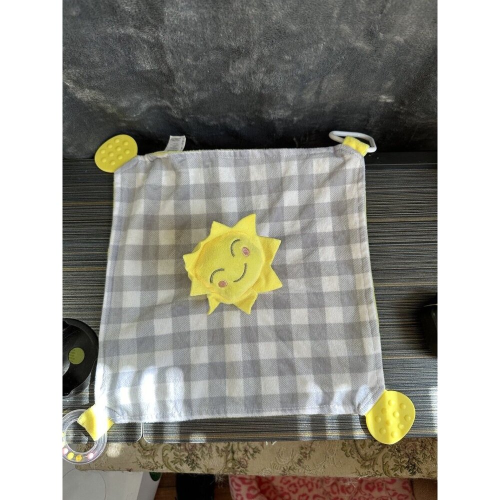 Modern Baby Security Blanket Sunshine Grey White Plaid Lovey Teether Rattle‎ Toy